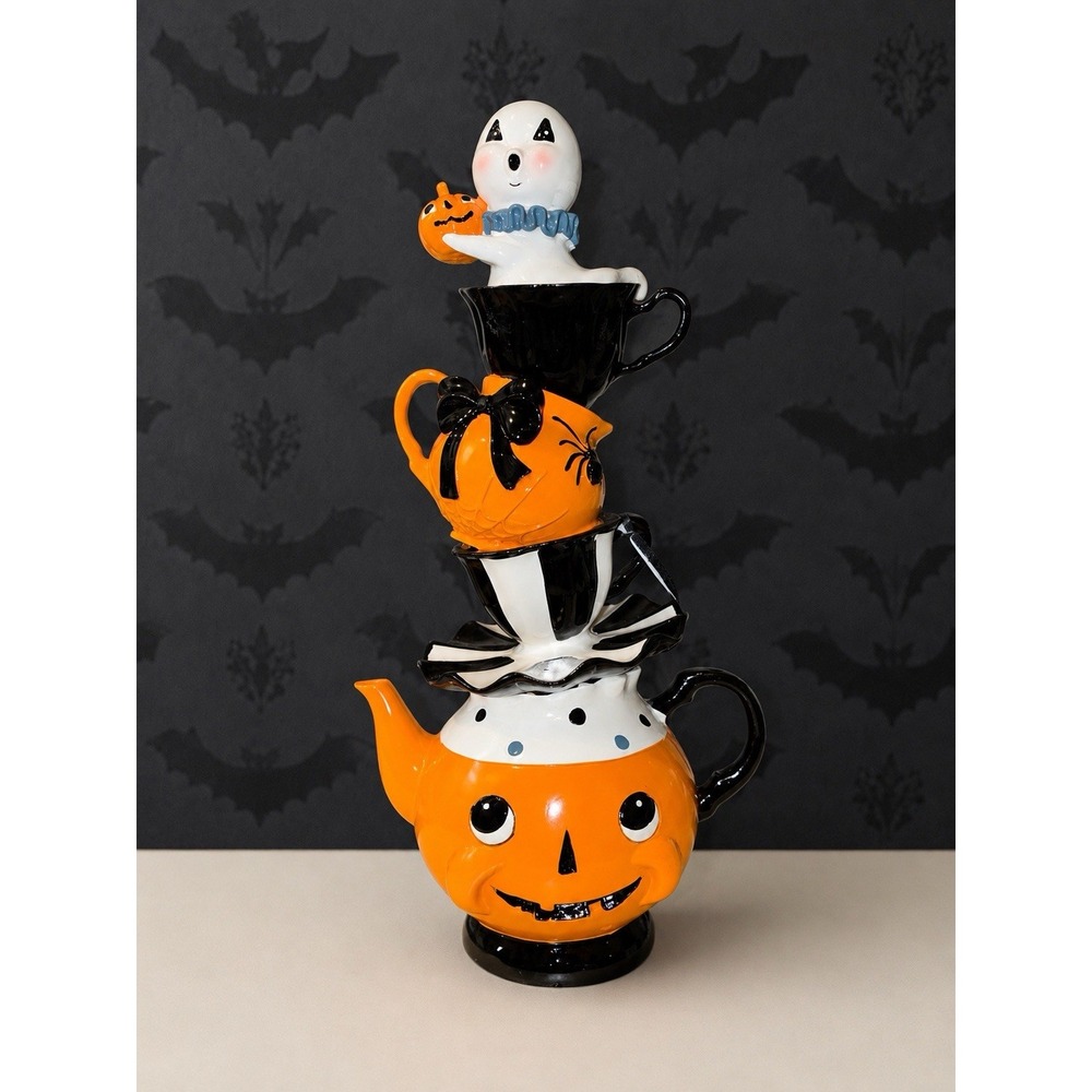 New 12.5" Ghoulish Stacked Halloween Ghost Pumpkin Tiered Teapot Decor Figurine